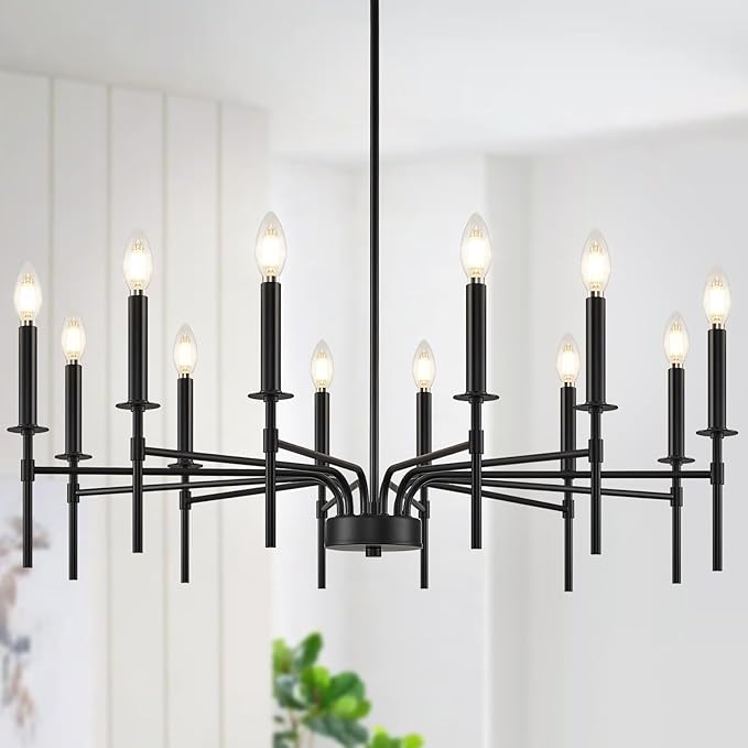 12 Light Black Chandelier Light Fixture, Modern Farmhouse Chandeliers for Dining Room Light Fixture, Metal Candle Pendant Chandelier for Foyer Entryway Stairs Living Room Bedroom Kitchen-HomvellaHome