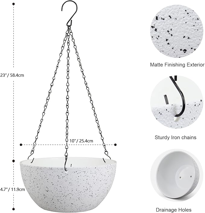 10 inch Hanging Planters for Indoor Outdoor Plants, 2 Pack Hanging Flower Pots with Drainage Holes and Chain for Garden Porch, Plastic Hanging Baskets for House Plants, Speckled White-HomvellaHome
