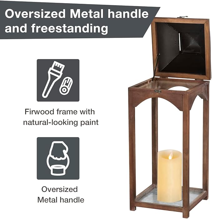 Glitzhome Set of 2 Mondern Farmhouse Wooden Lantern Hanging Decorative Candle Lanterns for Outdoor & Indoor Brown (No Glass)-HomvellaHome