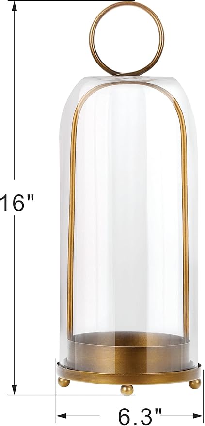 16" High Versatile Modern Metal Hurricane Lantern with Handmade Sturdy Glass Dome for Pillar Candle & Plants (Brass, 6.3"x16.5")-HomvellaHome