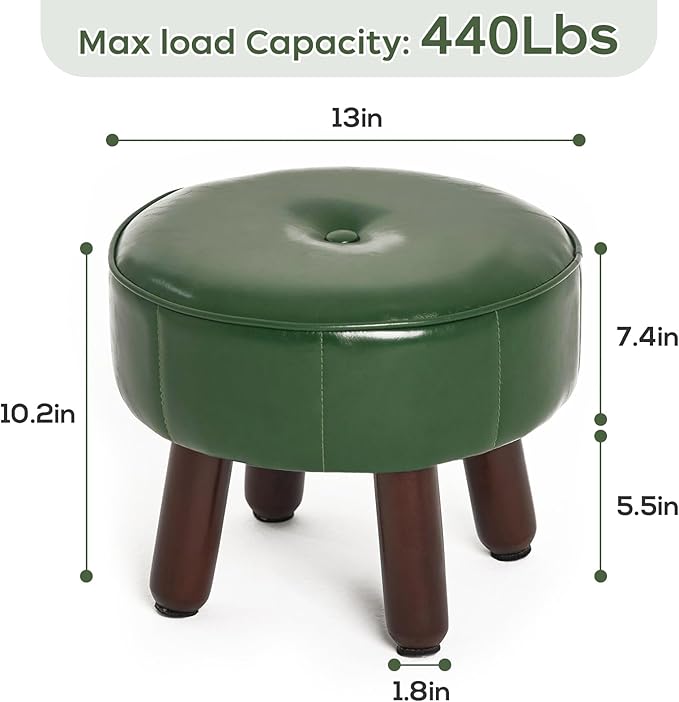 13in Small Foot Stool Ottoman, Round Faux Leather Foot Rest for Couch, Under Desk Pouf Footstool Footrest with Non-Skid Rubber Legs for Ling Room, Bedroom, 13''L x 13''W x 10.2''H, Green-HomvellaHome
