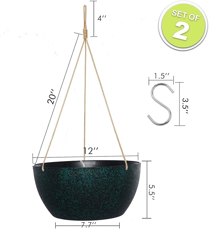 12 Inch 2 Pack Large Hanging Planters for Indoor Outdoor Plants, Plastic Hanging Basket Pots for House Plants Flowers, Black Speckles-HomvellaHome
