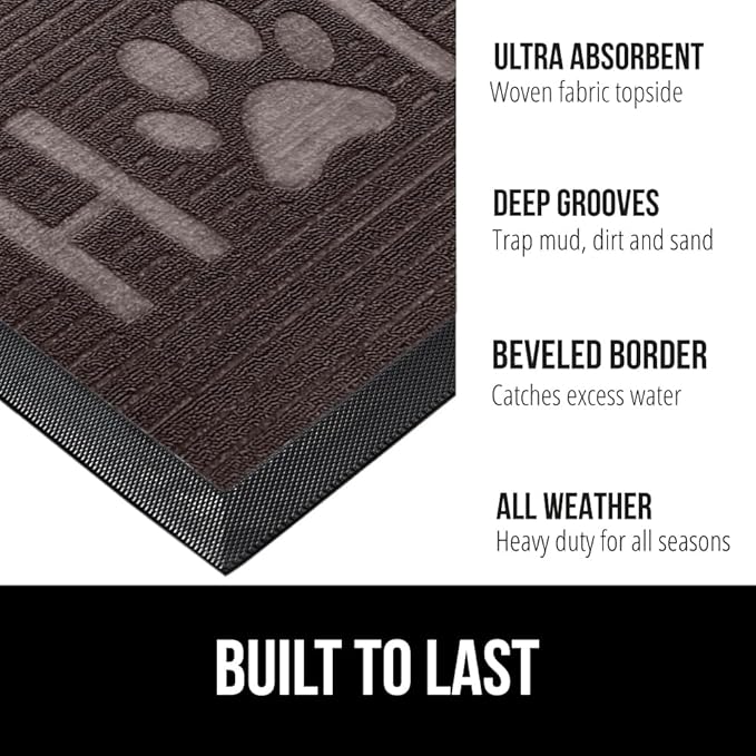 GORILLA GRIP 100% Waterproof All-Season WeatherMax Doormat 35x23, US Designed Natural Rubber, Stain and Fade Resistant, Low Profile Indoor Outdoor Door Mats, Easy Clean Patio Mat, Espresso Home Paw-HomvellaHome