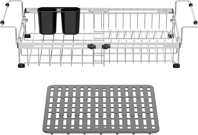 GSlife Expandable Sink Dish Drying Rack - Stainless Steel Capacity Adjustable Over The Sink Dish Rack (13.4''-20.4'') with Sink Mat and Utensil Holder, Silver-HomvellaHome