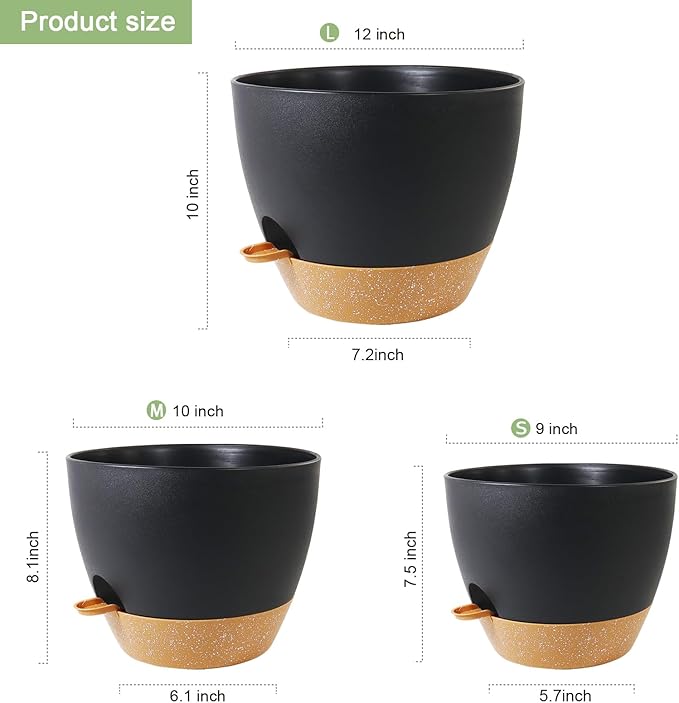 12/10/9 inch Large Self Watering Pots, Planter, Plant Pots with Mesh Drainage Holes for Indoor Outdoor Garden Plants, Plastic Flower Pots with Removable Deep Reservoir, Black with Brown-HomvellaHome