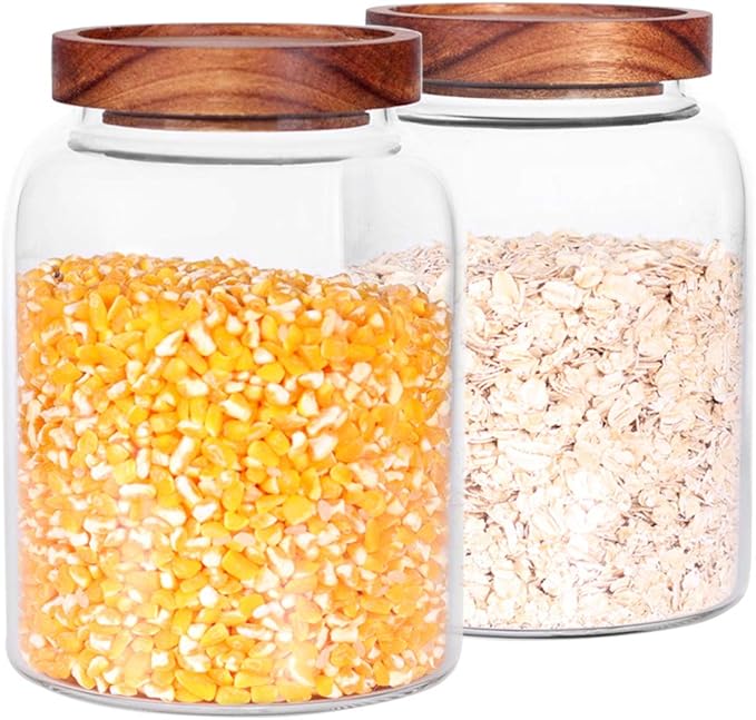 Glass Storage Jars with Airtight Lids, Set of 2 42 FL OZ (1250ml) coffee container with Wooden Lid, Glass Pantry Canister for Beans, Rice, Sugar and etc (6.3 inch high)-HomvellaHome