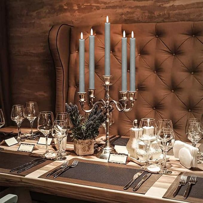 GenSwin Flameless Grey Taper Candles Flickering with 10-Key Remote, Battery Operated Led Warm 3D Wick Light Window Candles Real Wax Pack of 6, Christmas Home Wedding Decor(0.78 X 9.64 Inch)-HomvellaHome