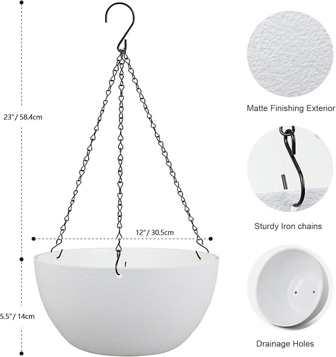 12 inch Large Hanging Planters for Indoor Outdoor Plants, 2 Pack Hanging Flower Pots with Drainage Holes and Chain for Garden Porch, Plastic Hanging Baskets for House Plants, White-HomvellaHome