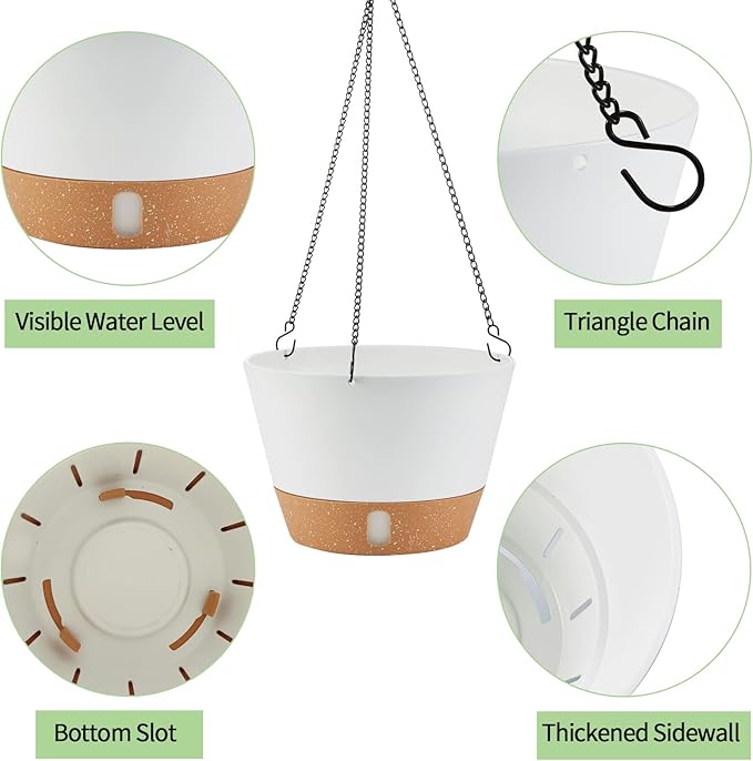 2 Pack 10 Inch Hanging Planters for Indoor Outdoor Plants, Hanging Plant Flower Pot Basket with Drainage Hole with Removable Tray&Hooks Self Watering Plant Pot for Hanging Plants, White-HomvellaHome