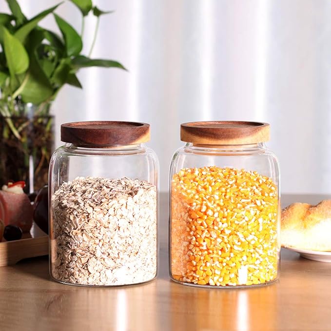 Glass Storage Jars with Airtight Lids, Set of 2 42 FL OZ (1250ml) coffee container with Wooden Lid, Glass Pantry Canister for Beans, Rice, Sugar and etc (6.3 inch high)-HomvellaHome