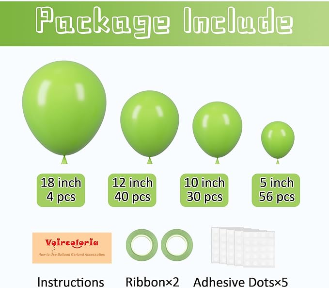 130pcs Lime Green Balloons Different Sizes 18" 12" 10" 5" Light Green Balloons for Birthday Dinosaur Baby Shower St. Patrick's Day Summer Jungle Forest Safari Party Decorations-HomvellaHome