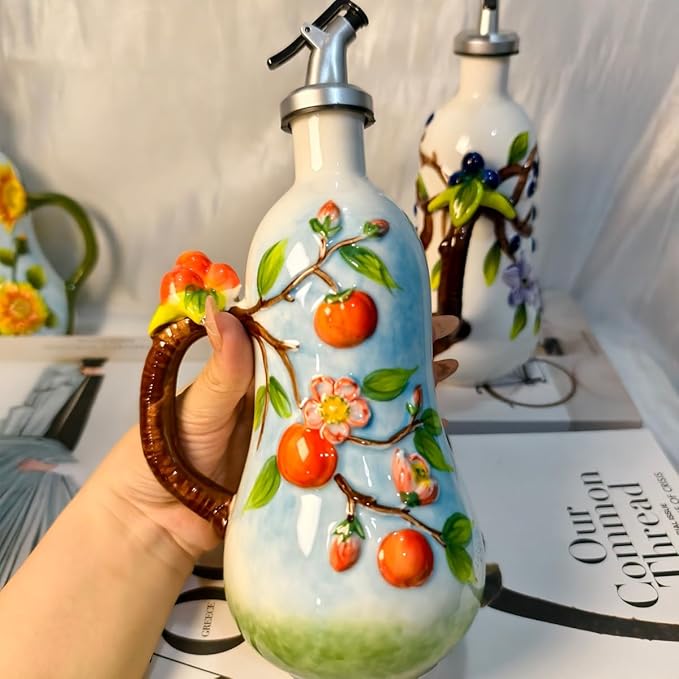 18 Oz Hand Painted Relief Ceramic Olive Oil Bottle Dispenser for Kitchen, Oil and Vinegar Bottle, Seasoning Bottle with Stainless Steel Nozzle, 540mL Oil Container with Handle for Cooking, Light Proof-HomvellaHome