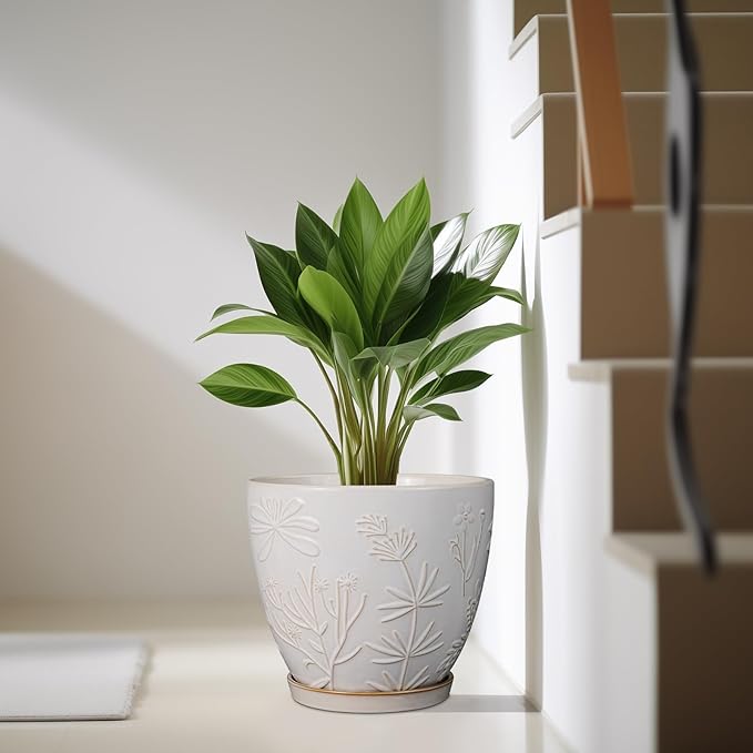 10 Inch Plant Pot Ceramic Planter Pot with Drainage Hole and Saucer Round Planter Large Flower Pot for Indoor Outdoor Plants Home Garden Decor White-HomvellaHome