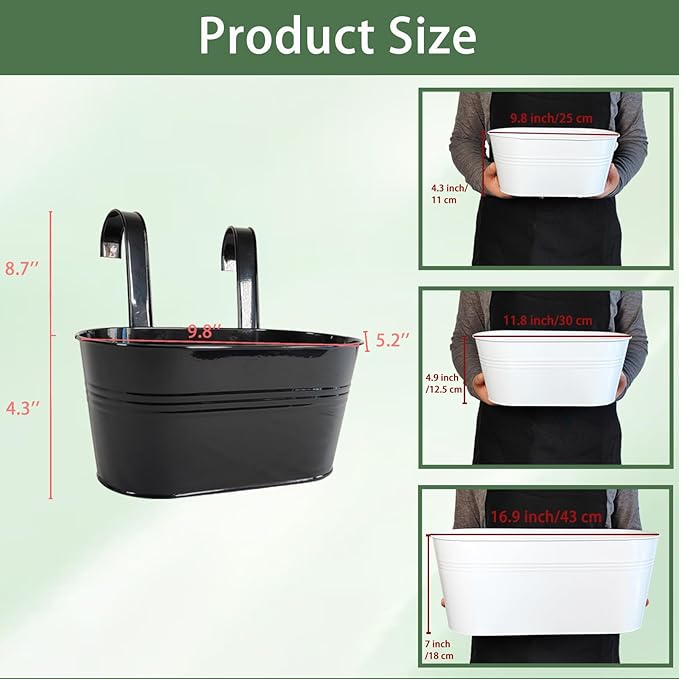 2 Pack Metal Hanging Planter for Outdoor Plants, 10 Inch Black Fence Planters Railing Pots for Garden Patio Balcony Decor, Flower Bucket with Detachable Hooks (Black, 2Pcs)-HomvellaHome