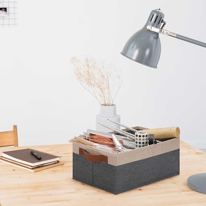 GhvyenntteS Small Fabric Storage Bins 6 Pack, 11.8" x 7.87" x 5.11" Storage Basket with Leather Handles, Closet Storage Bins for Shelves, Storage Baskets for Shelves, DVD Storage (Grey/Beige Yellow)-HomvellaHome