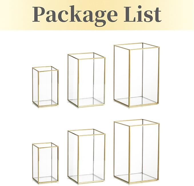Glass Hurricane Candle Holder Large - Hewory 6pcs Gold Rectangle Flower Holders Centerpiece for Table, Tall Floor Square Pillar Candle Lantern for Wedding, Anniversary, Party, Fireplace, Dining Room-HomvellaHome