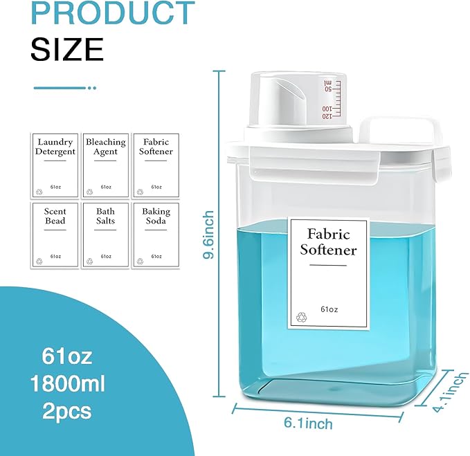 2 Pack Laundry Detergent Dispenser, 61oz Detergent Dispenser, Refluxable Laundry Detergent Container, Plastic Liquid Laundry Detergent Dispenser for Laundry Room Organization with 6 Labels-HomvellaHome