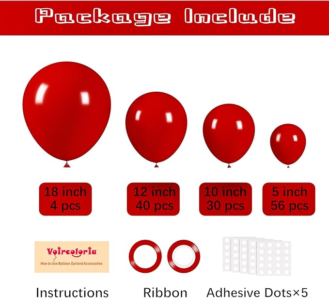 130pcs Ruby Red Balloons Different Sizes 18" 12" 10" 5" Dark Red Latex Balloon Garland Arch Kit for Birthday Baby Shower Graduation Wedding Valentine's Day Christmas Party Decorations-HomvellaHome