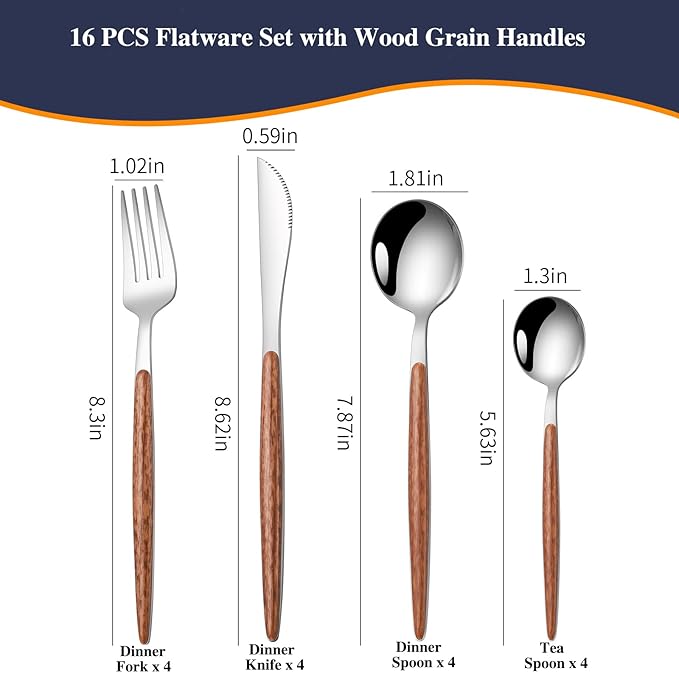 16 PCS Silverware Set for 4,Stainless Steel Flatware Cutlery Eating Utensils Set with Wood Grain Handle,Steak Knives Forks and Spoons for Home,Party,Mirror Polished and Dishwasher Safe-HomvellaHome