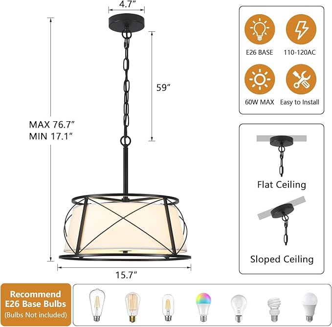 15.7" Black Drum Chandelier,3-Light Modern Farmhouse Chandelier,White Fabric Drum Shade Pendant Light Fixture for Dining Room Kitchen Island Bedroom Entryway-HomvellaHome
