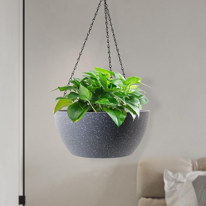 10 inch Hanging Planters for Outdoor Indoor Plants with Drainage Holes and Chain, 2 Pack Round Hanging Flower Plant Pots for Garden Home Porch Decor, Speckled Grey-HomvellaHome