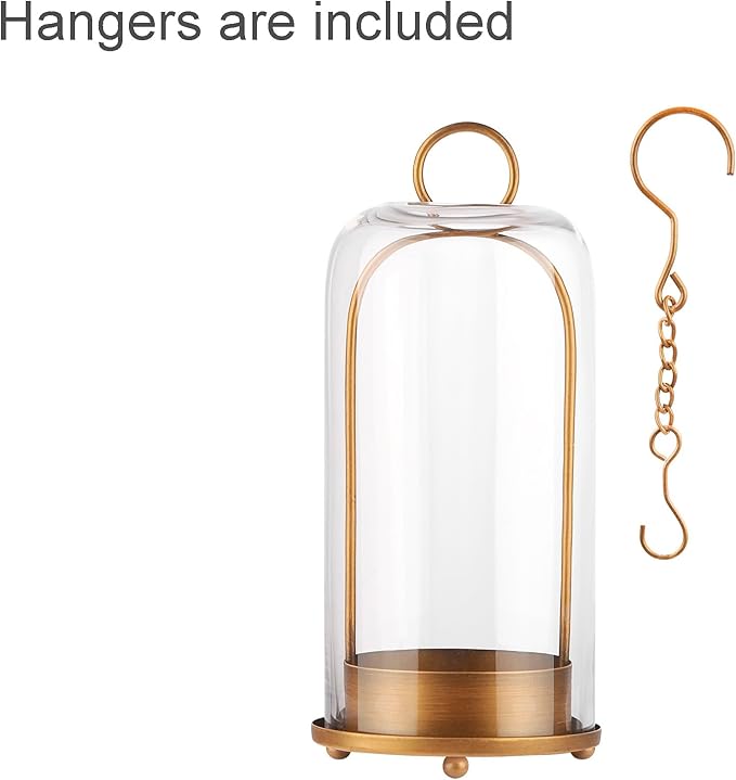 12" High Versatile Modern Metal Hurricane Lantern with Handmade Sturdy Glass Dome for 3" Pillar Candle & Plants (Brass, 5"x12")-HomvellaHome