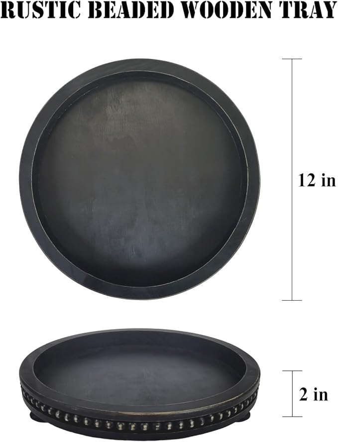 12 Inches Rustic Wooden Decorative Tray, Small Round Beaded Wood Tray for Kitchen Dinning Table Centerpiece Decor Entryway Living Room Home Decor, Black-HomvellaHome