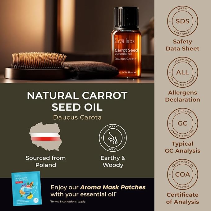 Gya Labs Carrot Seed Essential Oil - 0.34 Fl Oz - 100% Pure Natural Carrot Oil for Skincare, Hair, Scalp & Aromatherapy, Massages ,DIY ＆Candle Making Scent-HomvellaHome