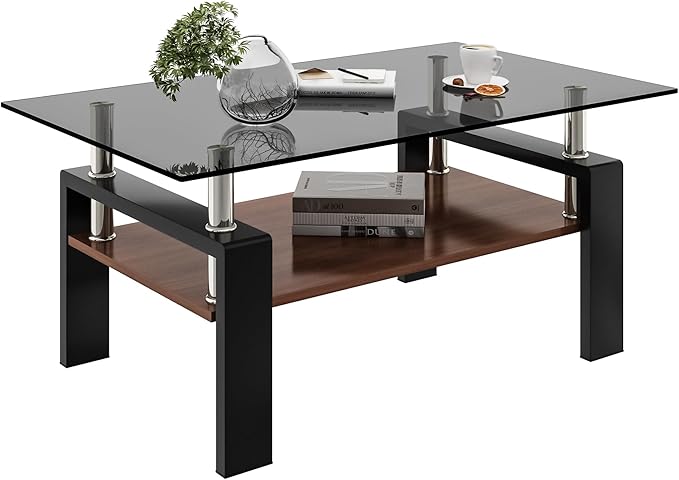Glass Coffee Table Rectangle Living Room Center Table, with Gray Tempered Glass Tabletop and Brown MDF Layer,for Living Room and Office, Gray+Brown-HomvellaHome