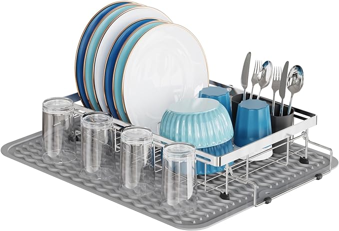 GSlife Stainless Steel Dish Drying Rack - Capacity Expandable in Sink Dish Drainer with Silicone Mat, Over Sink Dish Rack with Utensil Holder for Kitchen Counter, Large Capacity, Silver-HomvellaHome