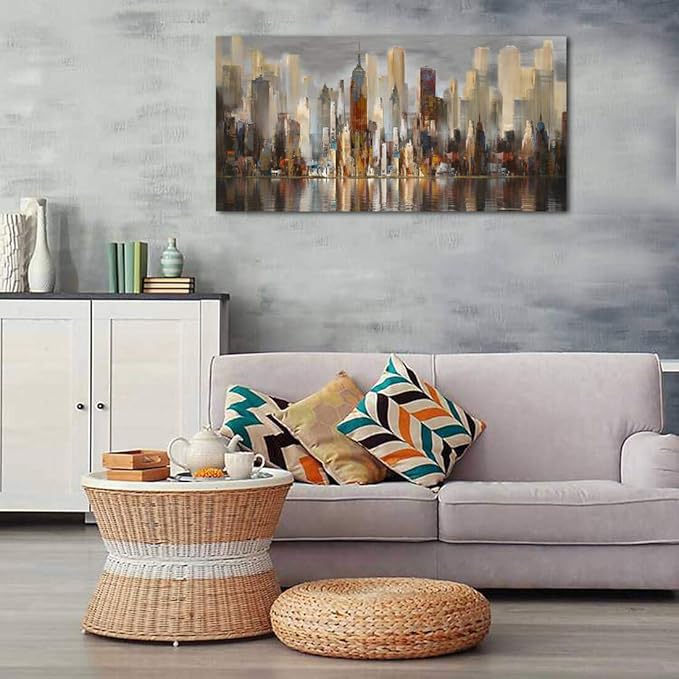 Framed Wall Art Large Cityscape New York Wall Decor Canvas Prints Abstract Brown City Theme Paintings Modern Canvas Wall Art for Living Room Bedroom Big Size 24x48 Framed-HomvellaHome