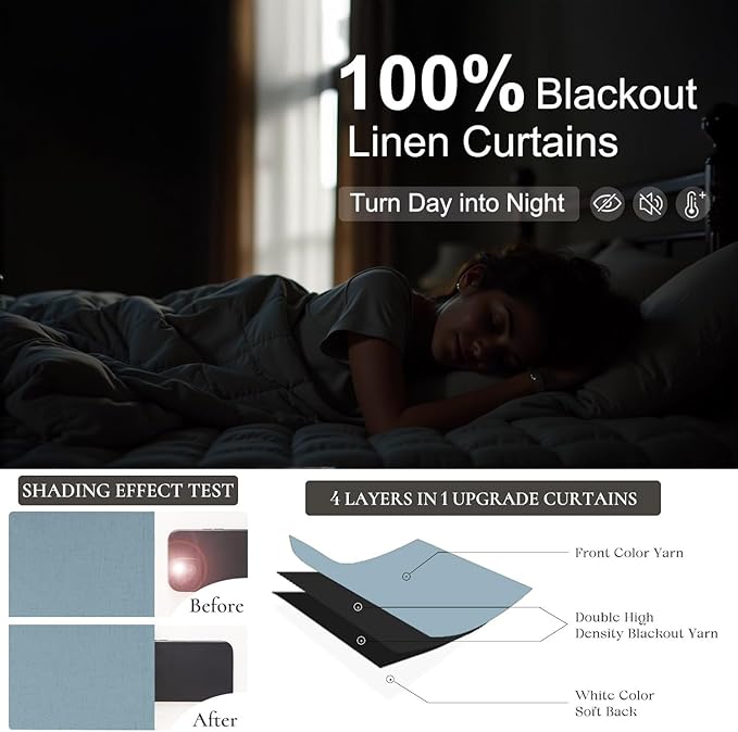 100% Blackout Curtains 90 Inches Long for Living Room 2 Panels Set Light Blocking Heat Darkening Energy Saving Curtain Window Coverings Coastal Beach Linen Farmhouse Drapes Bedroom Stone Blue Chambray-HomvellaHome