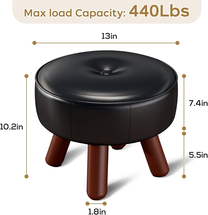 13in Small Foot Stool Ottoman, Round Faux Leather Foot Rest, Footstool Ottomans with Rubber Legs Under Desk, Footrest for Couch, Living Room, Bedroom, Office, 13''L x 13''W x 10.2''H, Black-HomvellaHome