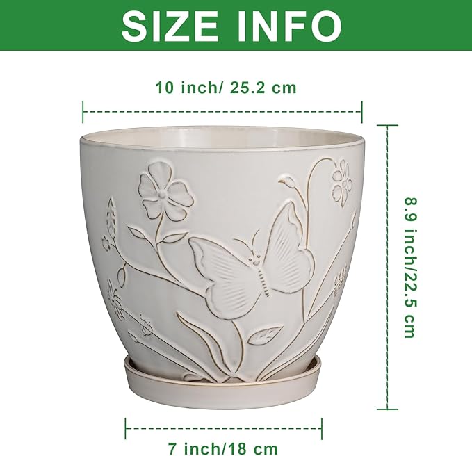10 Inch Plant Pot Ceramic Planter Pot with Drainage Hole and Saucer Round Planter Large Flower Pot for Indoor Outdoor Plants Home Garden Decor White-HomvellaHome