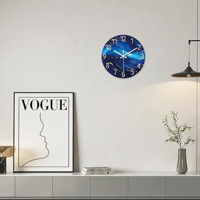 Glass Wall Clocks Battery Operated 14 Inch Modern Abstract Wall Clock for Bedroom Blue Wall Clock Silent Non Ticking-HomvellaHome