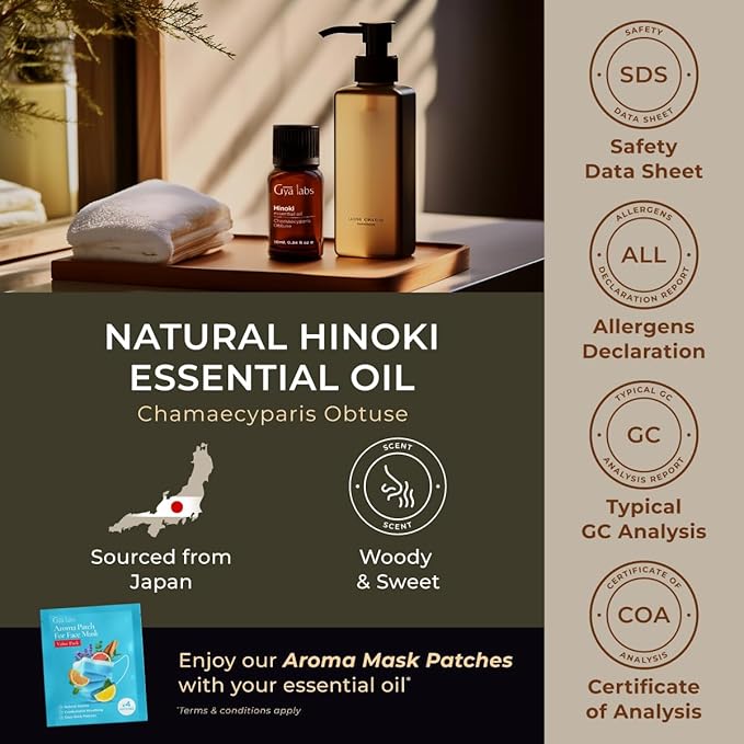 Gya Labs Hinoki Essential Oil for Diffuser & Skin - 0.34 Fl Oz - 100% Pure Natural Hinoki Oil for Hair, Massage, Aromatherapy Spray & Candle Making Scent-HomvellaHome