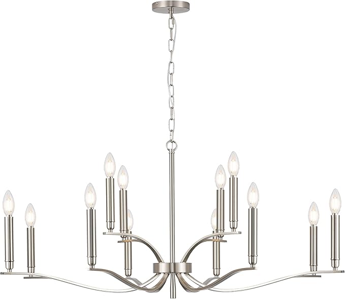 12 Light Nickel Living Room Chandelier High Ceiling Foyer Candle Chandelier Large Modern 44in Metal Chandeliers Hanging Light for Master Bedroom Dining Room Light Fixture Over Table-HomvellaHome