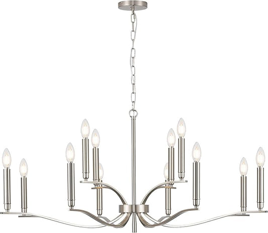12 Light Nickel Living Room Chandelier High Ceiling Foyer Candle Chandelier Large Modern 44in Metal Chandeliers Hanging Light for Master Bedroom Dining Room Light Fixture Over Table-HomvellaHome