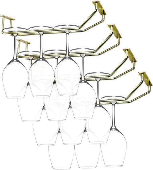10.8 Inch Gold Wine Glass Rack, Under Cabinet Wine Glass Holder, Wine Glass Hangers Under Shelf, Stemware Rack, Hanging Stemware Holder for Cabinet Kitchen Bar, Set of 4-HomvellaHome