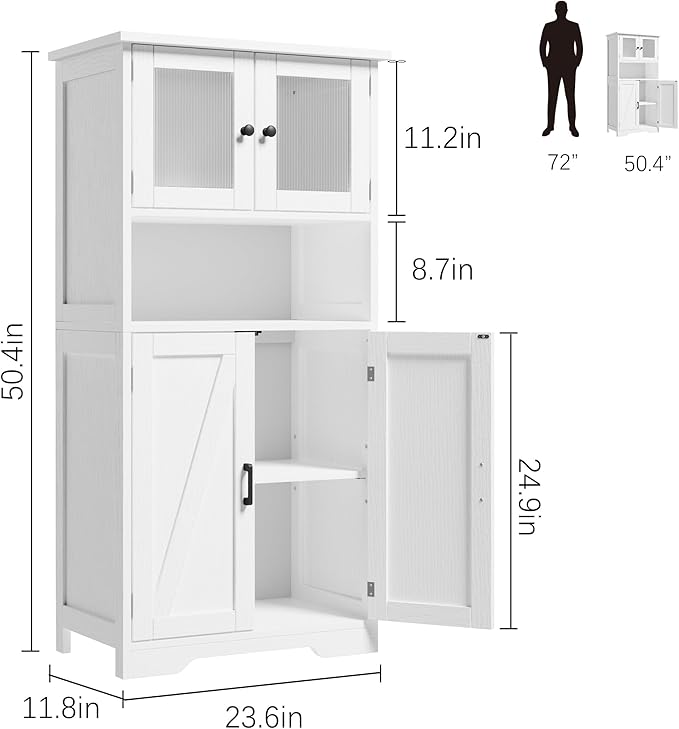 GarveeHome 54in Tall Bathroom Cabinet, Farmhouse Storage Cabinet with Glass Doors and Adjustable Shelves, Freestanding Kitchen Pantry Cabinets, Cupboard for Living Room, Dining Room, White-HomvellaHome