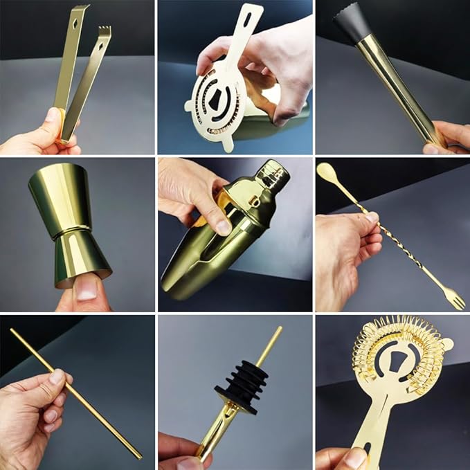 14-Piece Cocktail Shaker Set Bartender Kit with Black Stand, Bar Tool Set for Drink Mixing Bartending Kit Bar Sets Accessories: 750ml(25oz) Shaker, Jigger, Muddler, Cocktail Recipes (Gold)-HomvellaHome