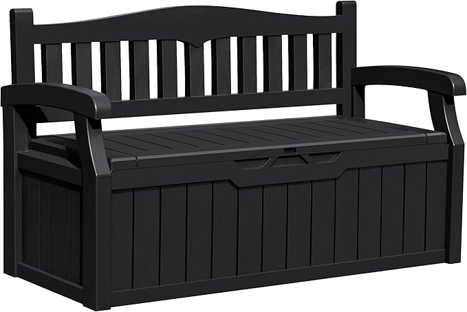 Greesum 80 Gallon Outdoor Storage Bench, Resin Patio Furniture with Armrest,Waterproof and UV-Resistant, Perfect to Garden, Poolside and Lawn, Dark Black-HomvellaHome