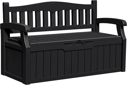 Greesum 80 Gallon Outdoor Storage Bench, Resin Patio Furniture with Armrest,Waterproof and UV-Resistant, Perfect to Garden, Poolside and Lawn, Dark Black-HomvellaHome