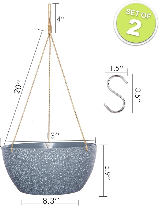 13 Inch 2 Pack Large Hanging Planters for Indoor Outdoor Plants, Plastic Hanging Basket Pots for House Plants Flowers, Grey-HomvellaHome