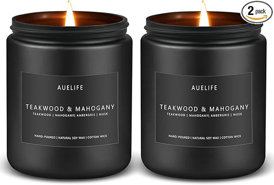 2 Pack Teakwood & Mahogany Candle | Scented Candles for Men, Man Gifts for Men - Masculine Candles - Soy Candle for Home Scented - 7oz Black Jar, Long Lasting-HomvellaHome