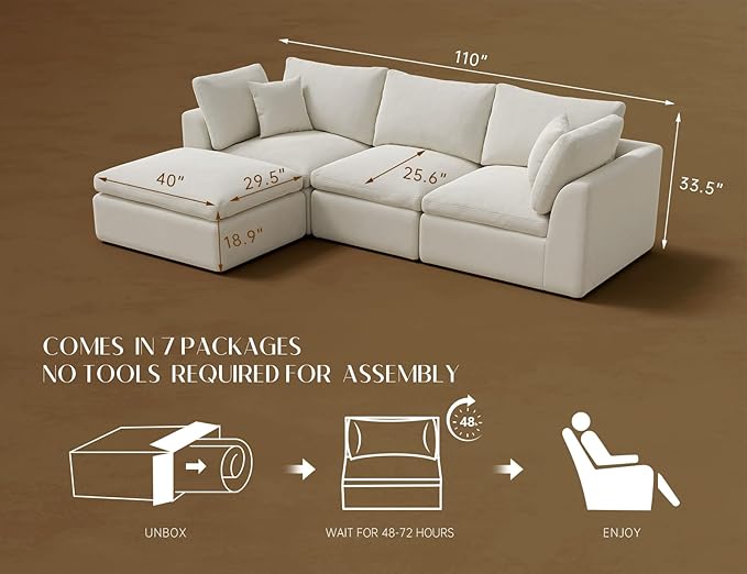 110" Cloud Sectional Couches for Living Room, Convertible L-Shape Couch with Ottoman, 3 Seater Modular Sectional Sofa, Warm White-HomvellaHome