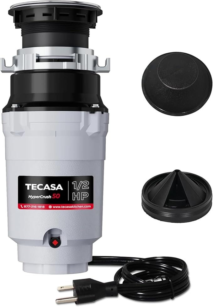 Garbage Disposal, TECASA 1/2 HP Pro Food Waste Coutinuous Feed, Garbage Disposals with Stopper Power Cord, Stainless Steel Grinding System for Kitchen Sink - HyperCrush 50 PRO-HomvellaHome