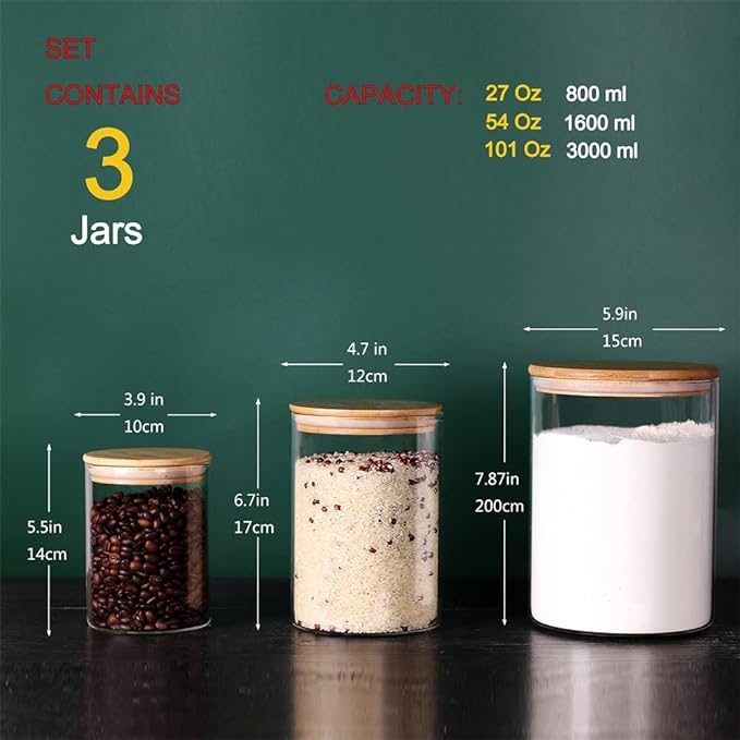 Glass Flour and Sugar Containers, Set of 3 Large Glass Flour Canister with Airtight Lids, Pantry Storage Containers for Suger, Rice, Salt (100 OZ/54 OZ/27 OZ)-HomvellaHome