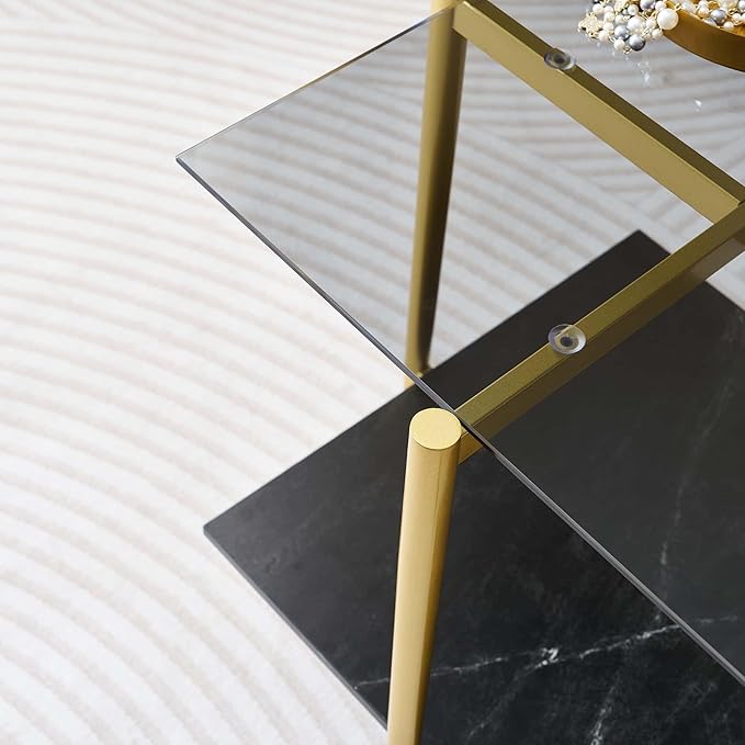 Glass End Table, Mid-Century Modern Design Sofa Table, for Living Room, L18 x W18 x H23 in, Clear Glass Top and Walnut MDF Shelf, Sleek Conical Metal Legs with Gold Finish Frame-HomvellaHome