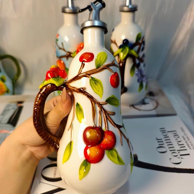 18 Oz Hand Painted Relief Ceramic Olive Oil Bottle Dispenser for Kitchen, Oil and Vinegar Bottle, Seasoning Bottle with Stainless Steel Nozzle, 540mL Oil Container with Handle for Cooking, Light Proof-HomvellaHome